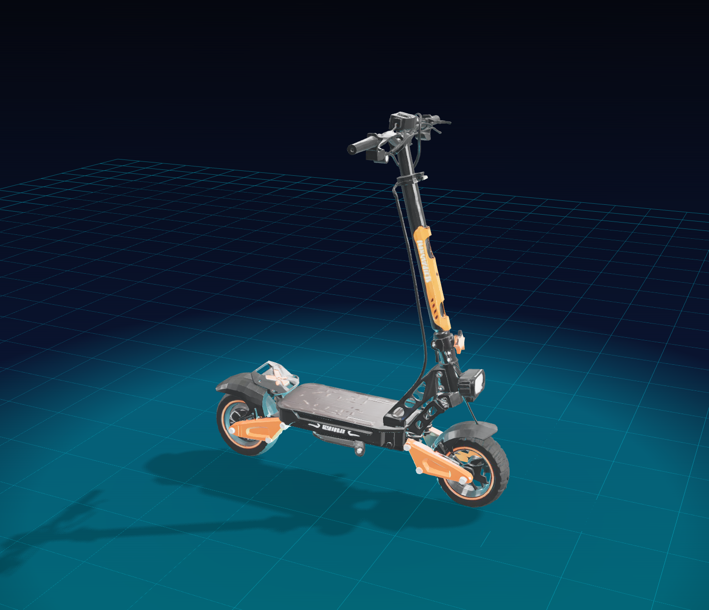Electric scooter rendered in 3D on a neon grid studio scene