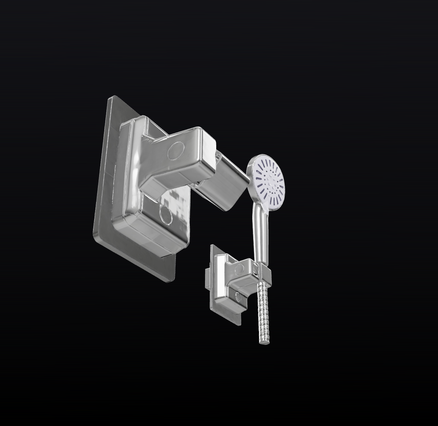 Chrome shower set rendered in 3D on a black studio backdrop